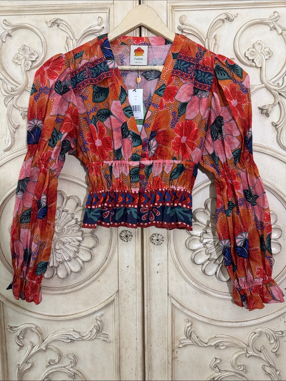 FARM Rio Marias Floral Plunge Neck Peplum Long Sleeve Top Size Medium - Picture 4 of 13